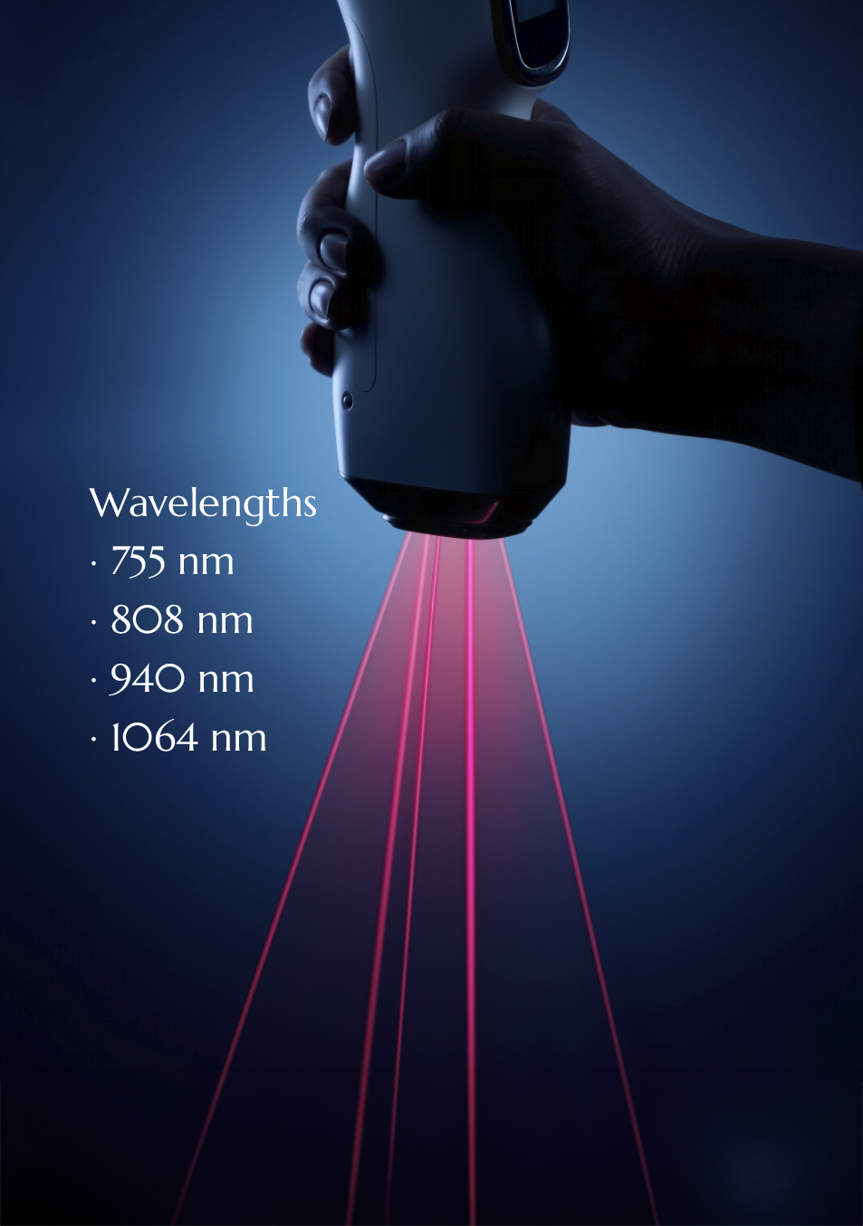 AI Tetra Freeze quad-wavelength diode laser — 755nm, 808nm, 940nm and 1064nm wavelengths visualised