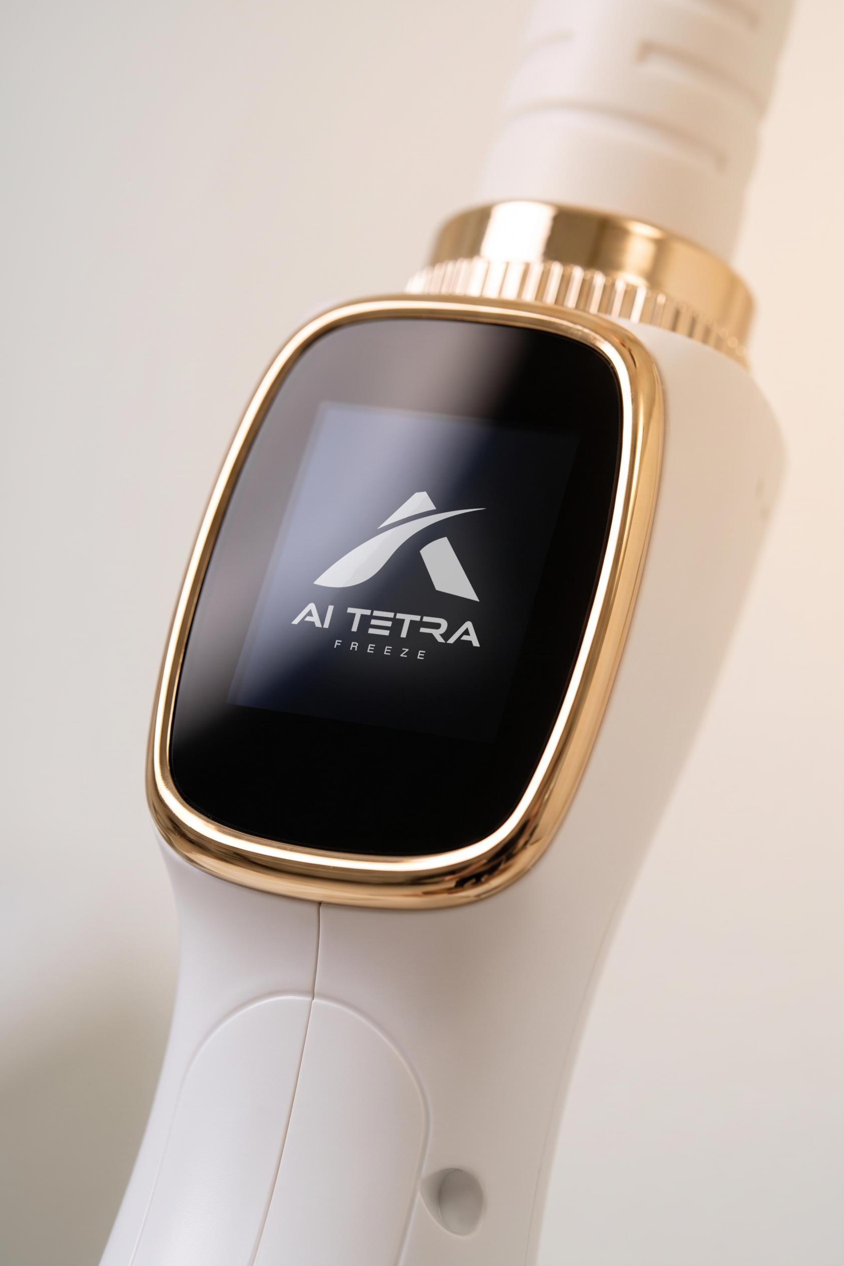 Cinematic tight closeup of AI Tetra Freeze laser handpiece during hair removal treatment